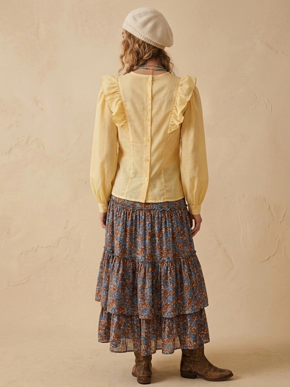 Vintage 70s You Babes Pastel Yellow Ruffle Tuxedo Pleat Blouse Back Button Sz S - Picture 3 of 16